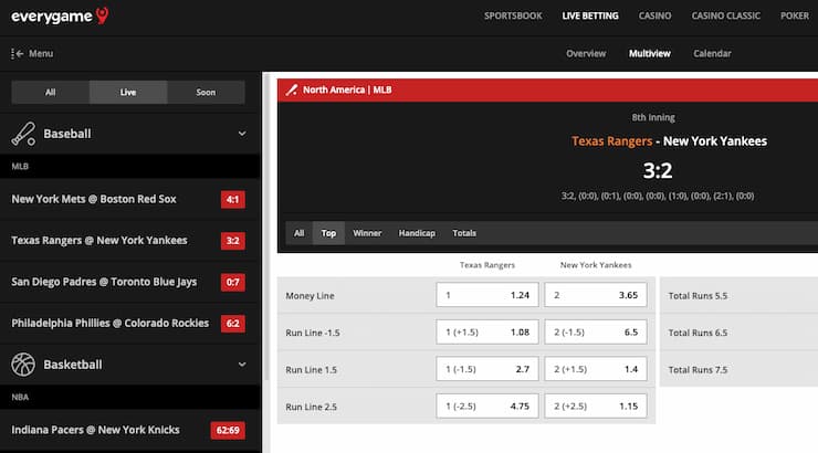 Everygame’s platform showcasing live odds for online betting in Texas.